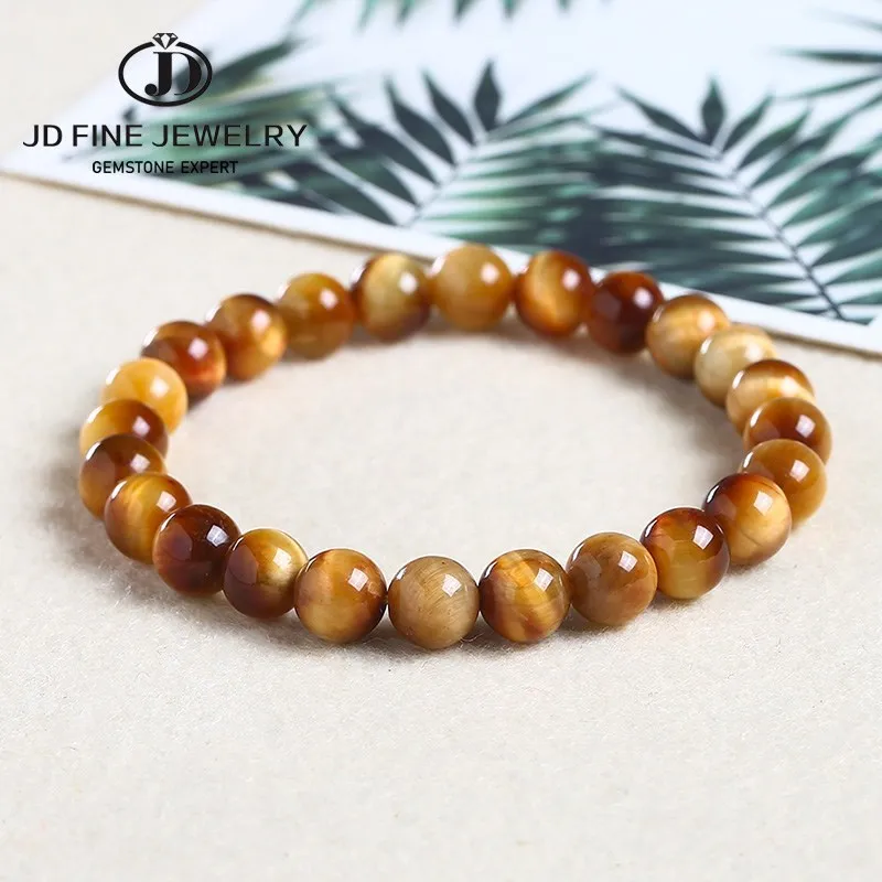 

JD Natural Stone Beads Orange Sun Tiger Eye Stone Smooth Round Bracelet Good Quality Gift For Girl 18-19cm