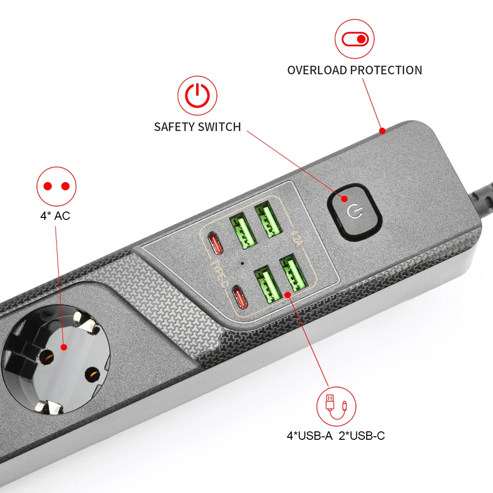 Адаптер удлинителя Power Strip Euro Plug 2 м с 4 розетками и 6 USB-портами для зарядки Type-C