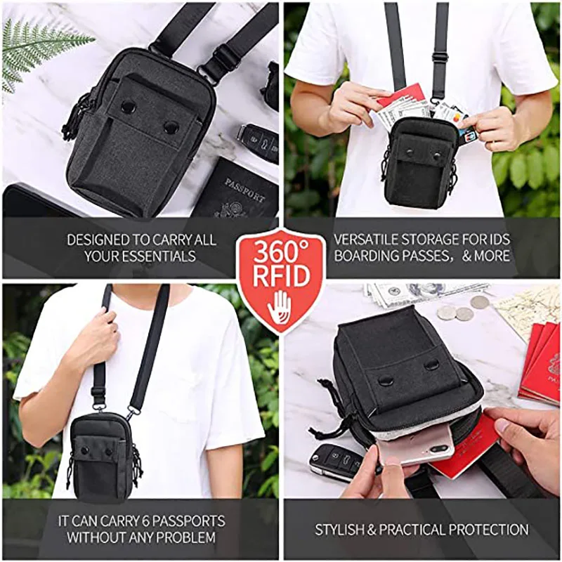 Men Women Travel Neck Passport Pouch Holder Multifunction Shoulder Bag Hidden Hanging Wallets for Cards Money Phone Organizer
