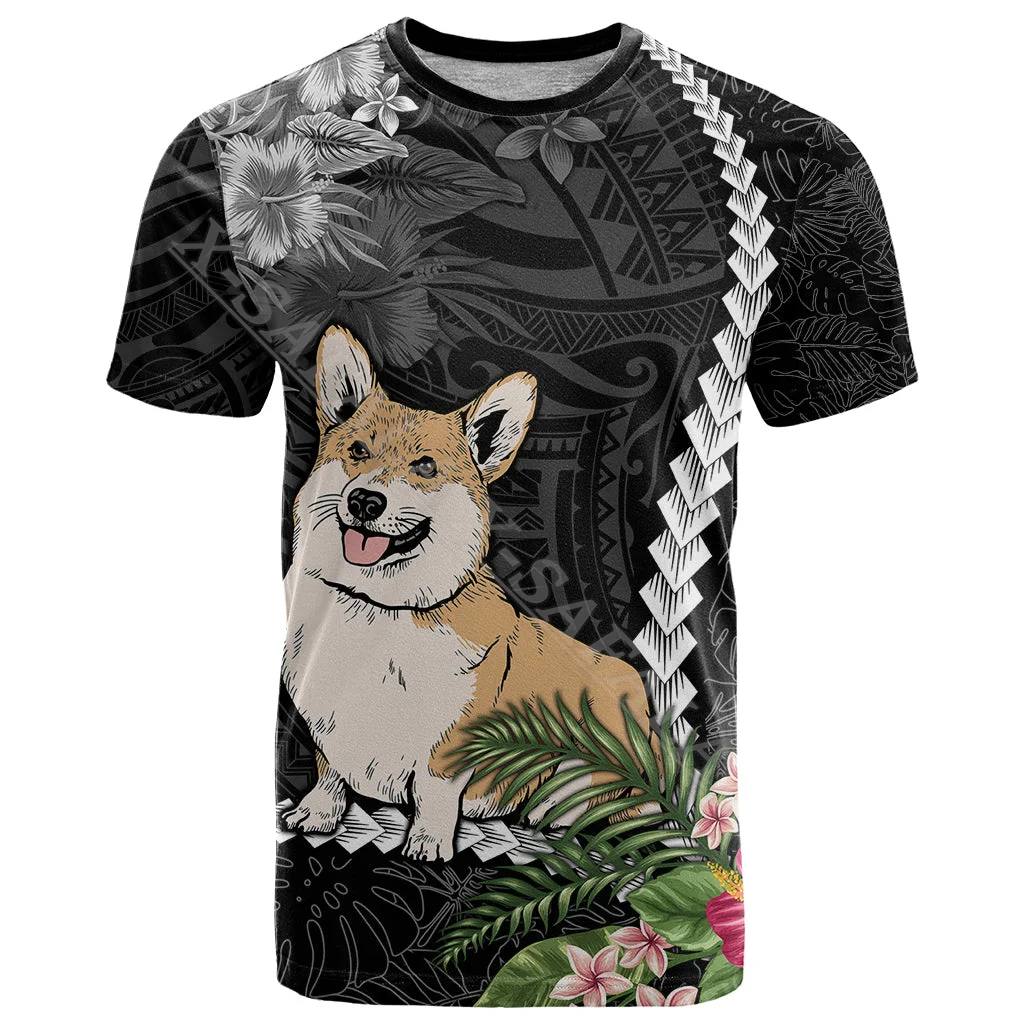 

Polynesian Dog Corgi Mix Tropical Flowers 3D Print Mesh Fiber T-Shirts Top Summer Tee Mens Shorts Sleeve Sports Casual Clothing