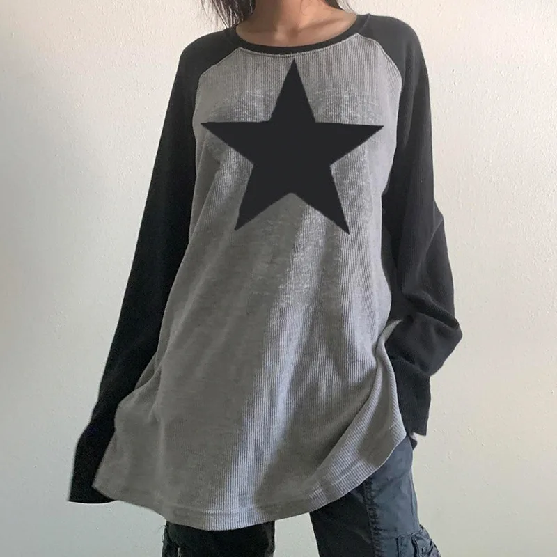 Купи Star Print Kawaii Y2K Pullovers T Shirts Women Contrast Patchwork Harajuku Style Clothes Full Sleeve Preppy Long Sweatshirts Top за 352 рублей в магазине AliExpress