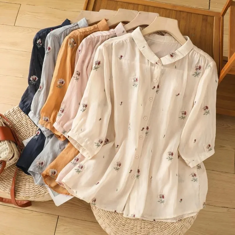 Новинка женская рубашка с вышивкой рами женский летний тяжелый удобный топ в