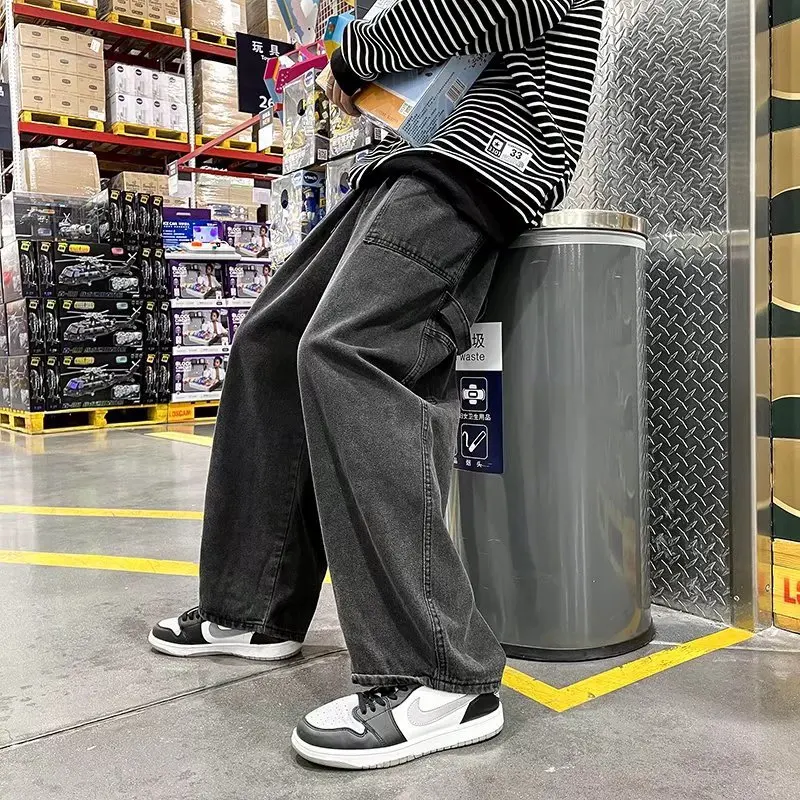 Men's Denim Pants Fashion Loose Wide Leg Jeans Casual Streetwear Printed Cross Trousers Pure Cotton Pants Baggy Men Jeans