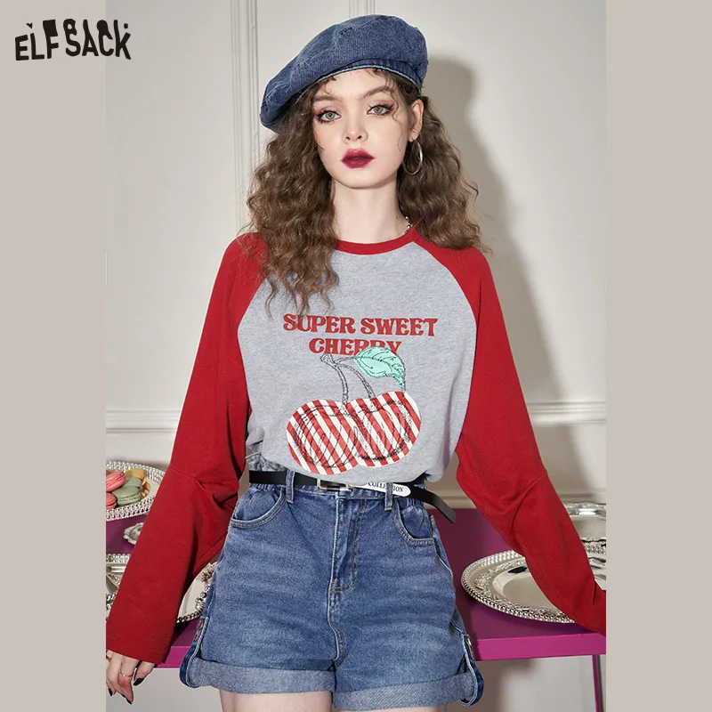 ELFSACK Spliced Long Sleeve T-Shirts Women 2023 Spring Loose Casual Tops