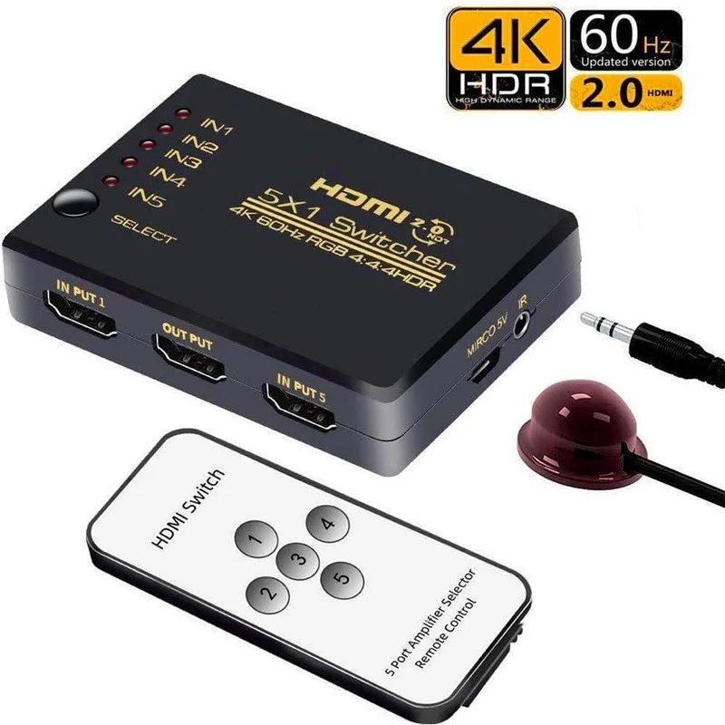 

4K 60Hz HDMI-compatible Switch 5 In 1 Out 2.0 HD Switcher 5x1 HDCP2.2 Adapter for PS3 PS4 Pro Apple TV