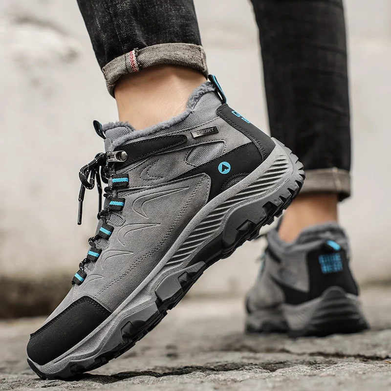 SALUDAS Men Winter Hiking Boots Leather Trekking Shoes Outdoor Fur Warm Waterproof Camping Hunting Boots Men's Winter Sneakers