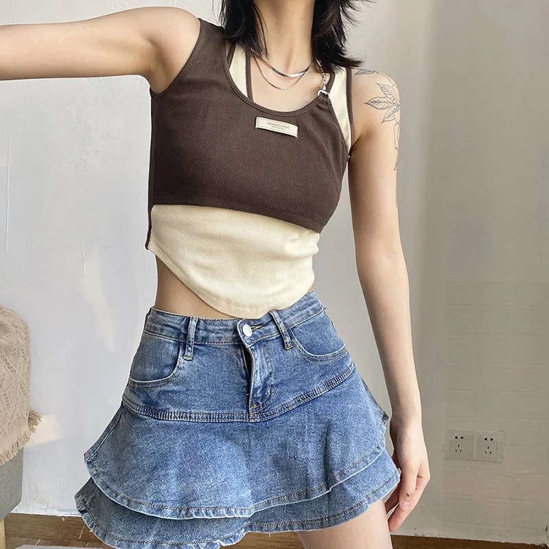 

2022 Summer New Halter Neck T-shirt Women's Tight-fitting Navel Fashion All-match Color-blocking Sleeveless Top
