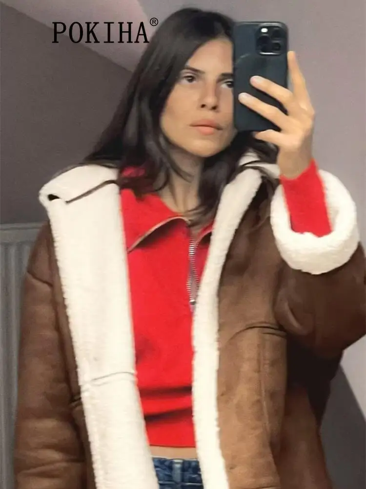 

Pokiha Fashion Women winter Thick Warm Faux Shearling Jacket Coat Vintage Long Sleeve With Pockets Female Outerwear Chic Tops