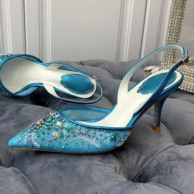 

Sexy blue shiny crystal beaded mesh high heel sandals with leather lining pointed toe dress shoes summer ladies party shoes