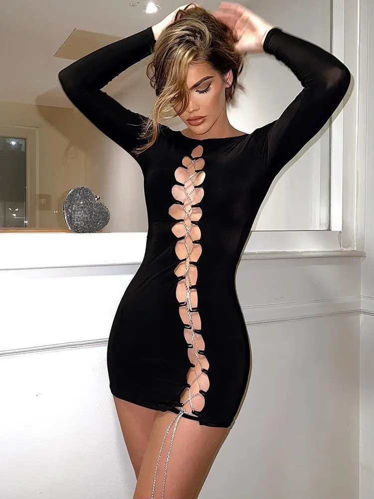 Женское мини-платье Cryptographic вечерние Клубные платья с длинным рукавом и цепочкой