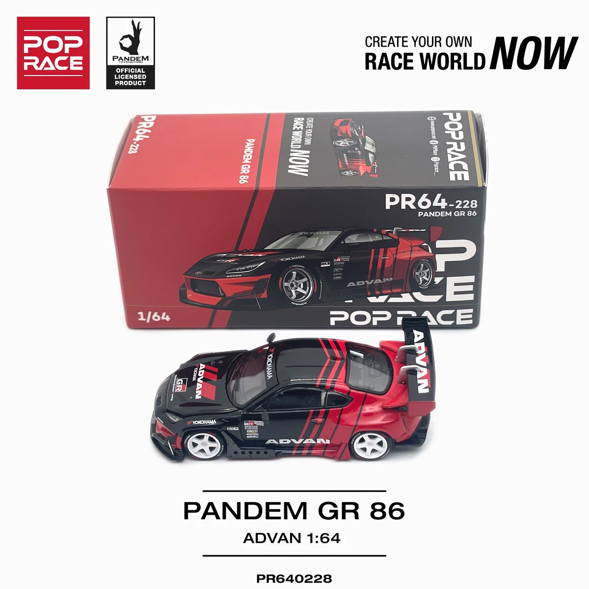 Фото В наличии, готов к отправке: Pop Race PR640228 1:64 Pandem Toyota GR86 Advan Black Red Widebody Open Hood JDM, литая модель автомобиля №4