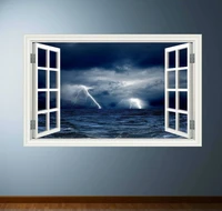 lightning wall decal window frame view stormy sea decal sea wall stickers ocean wave mural wall art sticker