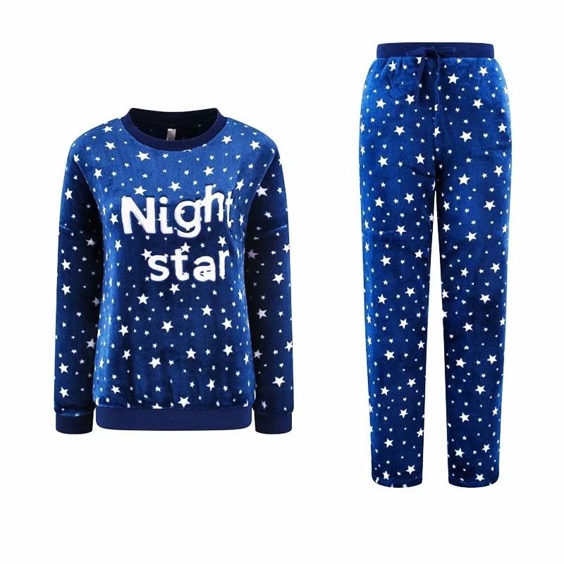 Women's Fashion Pajamas Set Flannel Pyjamas Star Print Homewear Full-Sleeve Long Pants 2Piece/Set Mom Cozy Winter Sleepwear