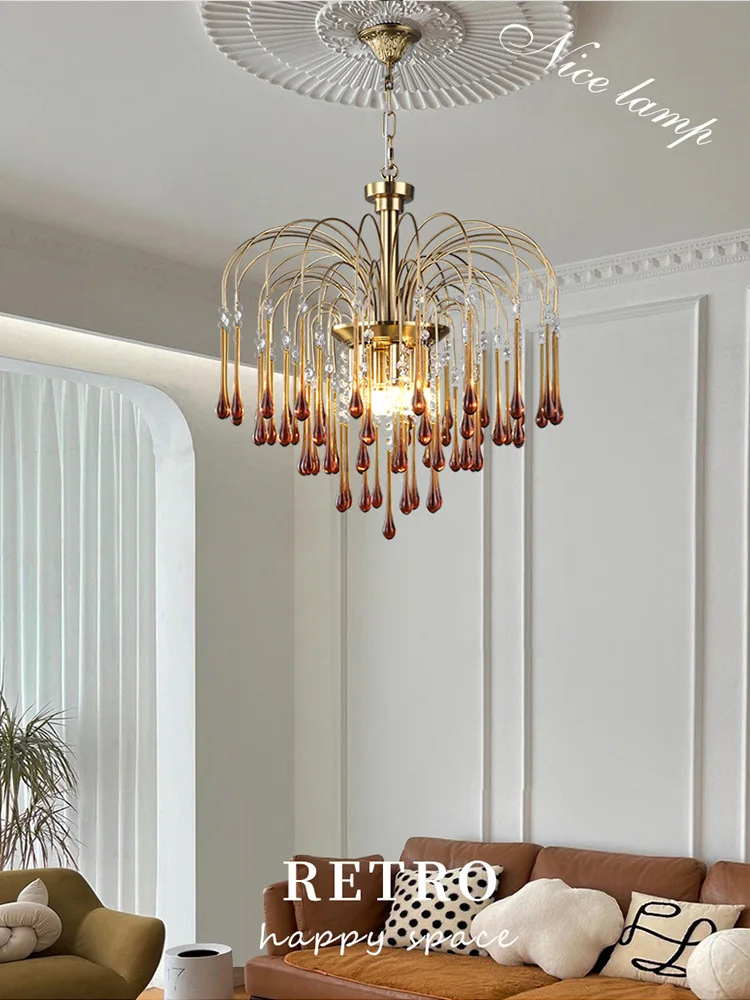 

American retro water drop glass chandelier French romantic living room bedroom entry lamp Italian retro snot lamp