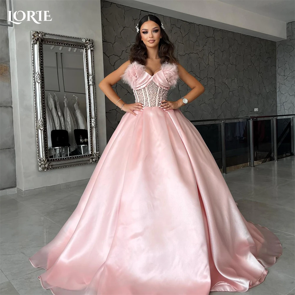 

LORIE Blush Pink Formal Prom Dresses Off Shoulder Luxury Feathers Princess Evening Dress Puffy Arabia Pageant A-Line Party Gowns