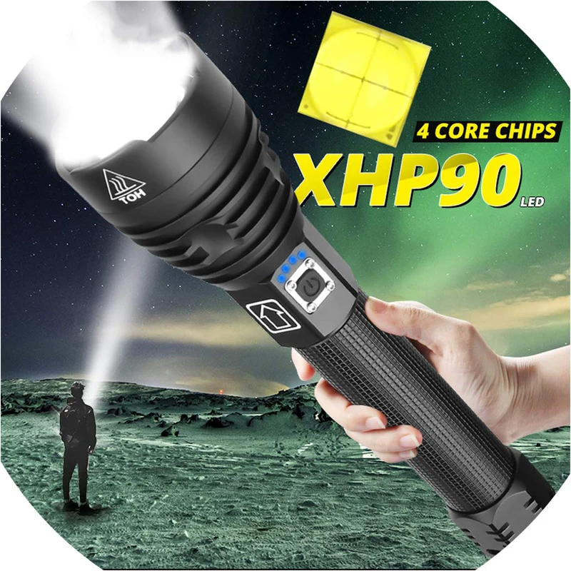 T20 Dorpship USPS  XHP50/XHP90 Super Bright LED Flashlight High Lumens Zoomable Rechargeable Power Display Powerful Torch 26650