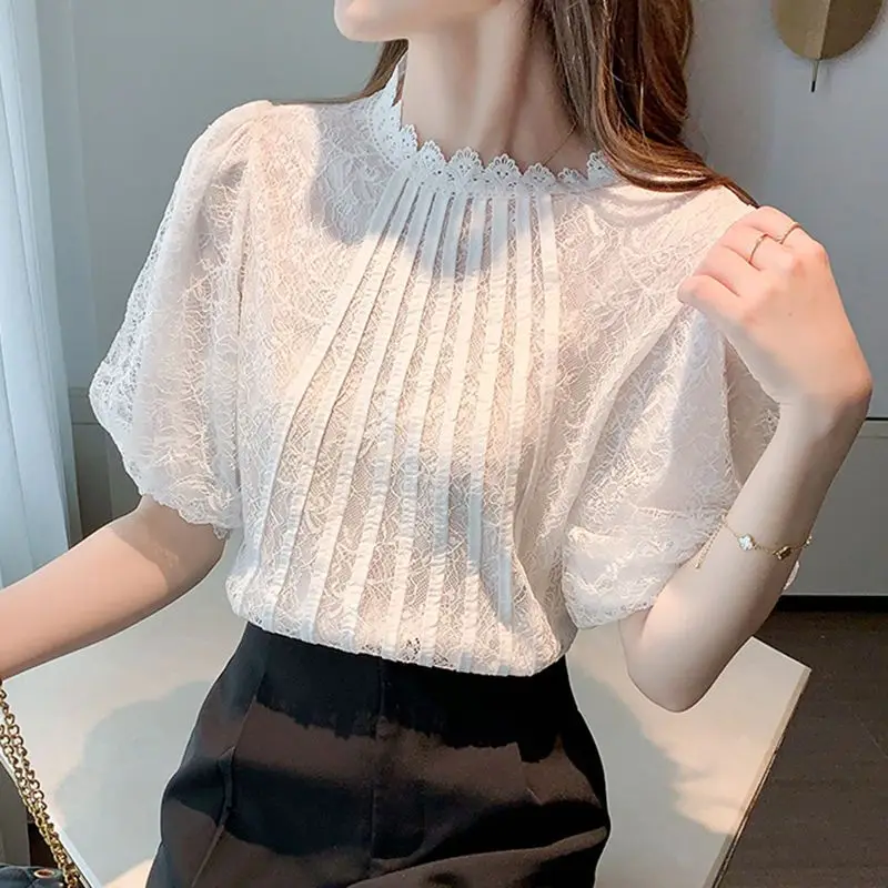 

Summer Women's Lace Edge Waisted Short Sleeve French Korean Commuter Loose Versatile Chiffon Hollow Mesh Pullover Stand Collar