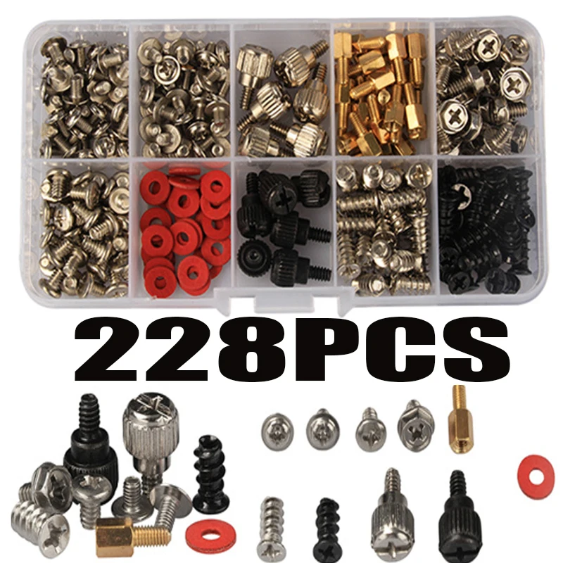 

228pcs Computer PC Case Hard Disk Drive Fan Motherboard Power Supply Server HDD PSU PCI Mount Repair DIY Screw Bolt Kit Set