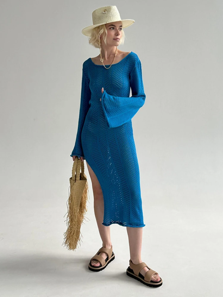 

Осенняя пляжная юбка, женская сексуальная трикотажная Однотонная юбка с открытой спиной и расклешенными рукавами, длинная юбка выше колена, бикини, женская верхняя одежда Y2k