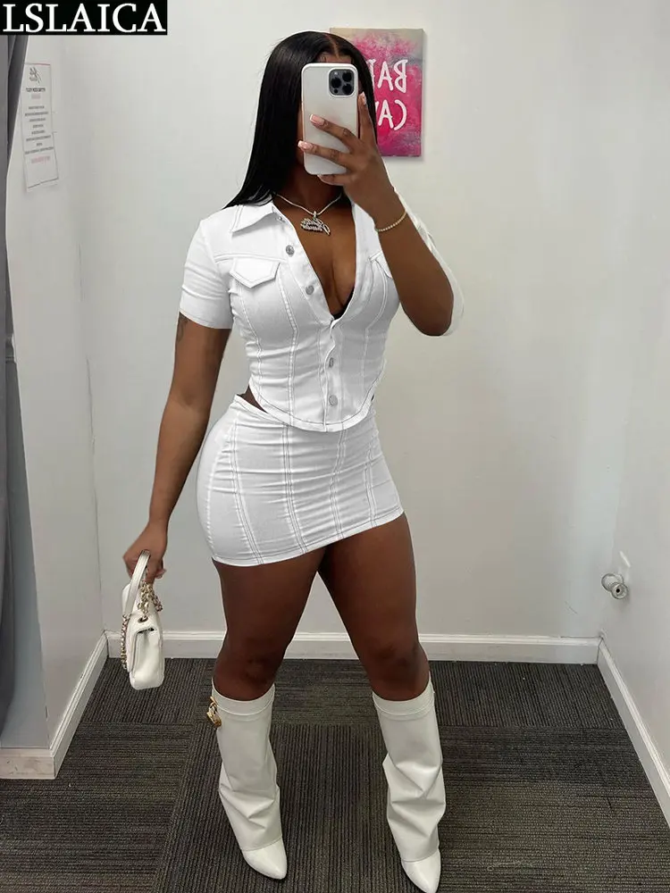 

Однотонный комплект из 2 предметов для женщин, наряд короткий рукав, рубашка, модная одежда на пуговицах, платье из двух предметов, летняя юбка с карманами для пляжного клуба