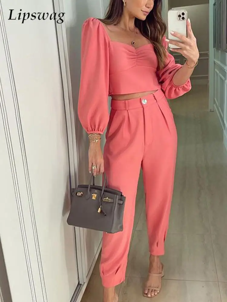 

Women High Waist Trousers Set Elegant Solid Square Collar Long Sleeve Tops Zipper Trousers 2Pc Set Femme Fashion Pencil Pant Set