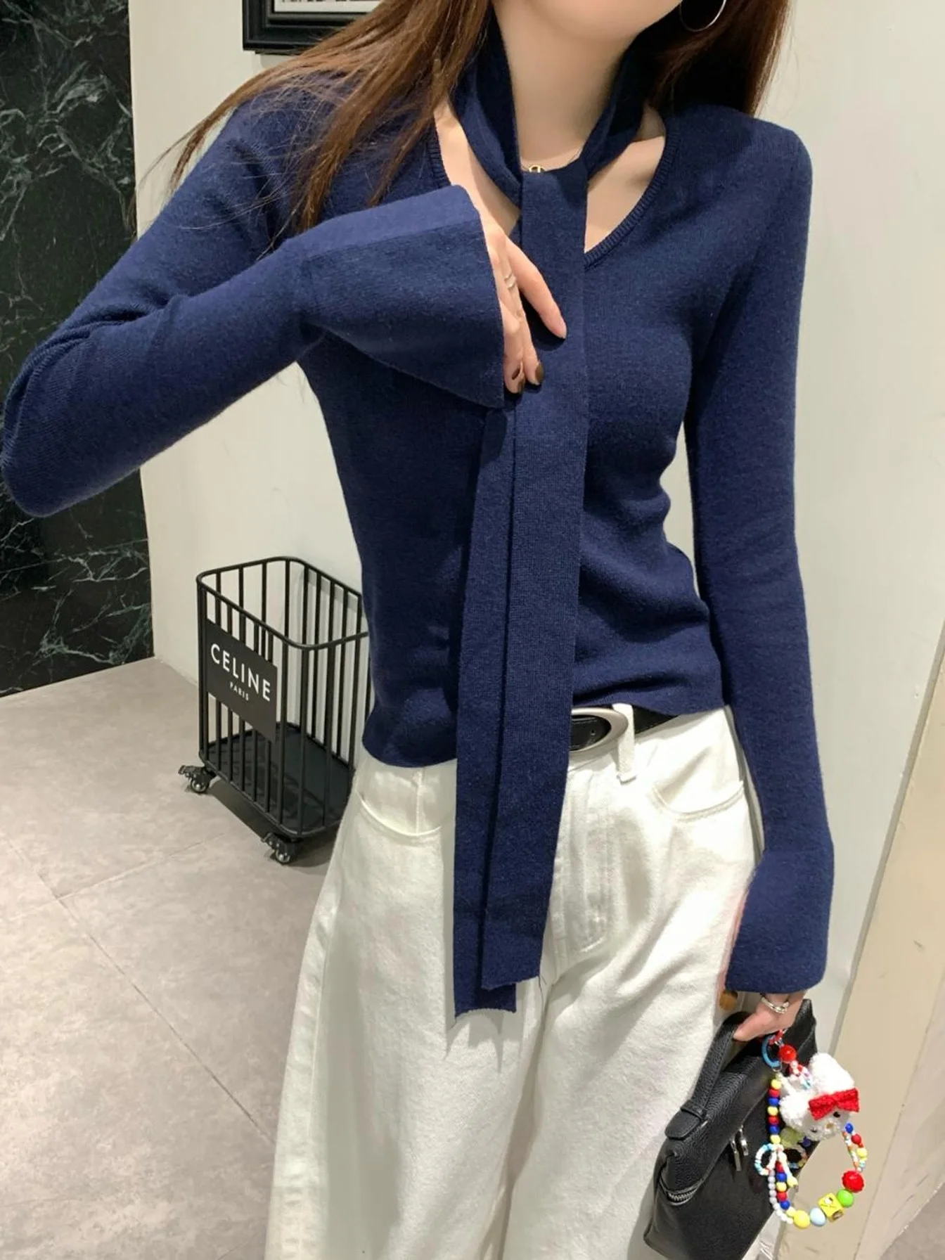 Корейская серия газовая текстура вязаный топ с длинными рукавами зима 2024 новый