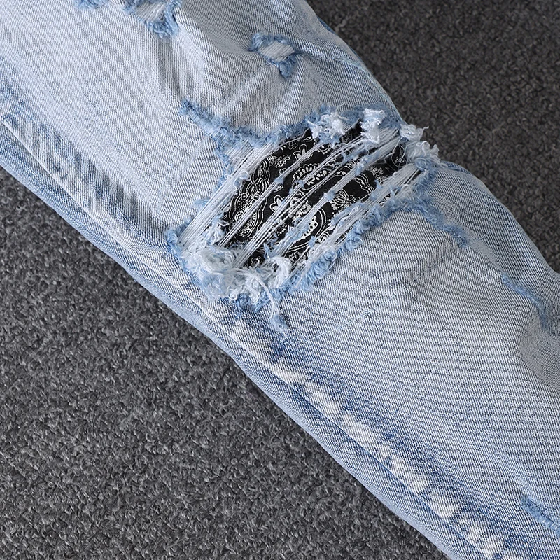 High Street Fashion Men Jeans Retro Light Blue Elastic Stretch Patched Designer Ripped Jeans Men Skinny Fit Hip Hop Brand Pants