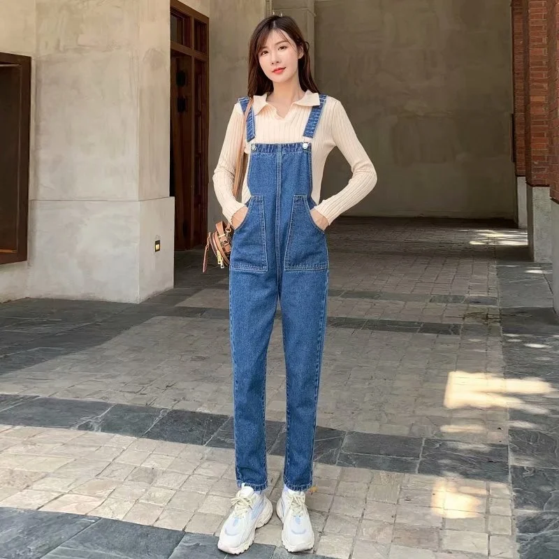 

2022 Spring And Autumn New Denim Overalls Nine Points Casual Trendy Pants Women Loose Fat MM Slim Student Jumpsuit