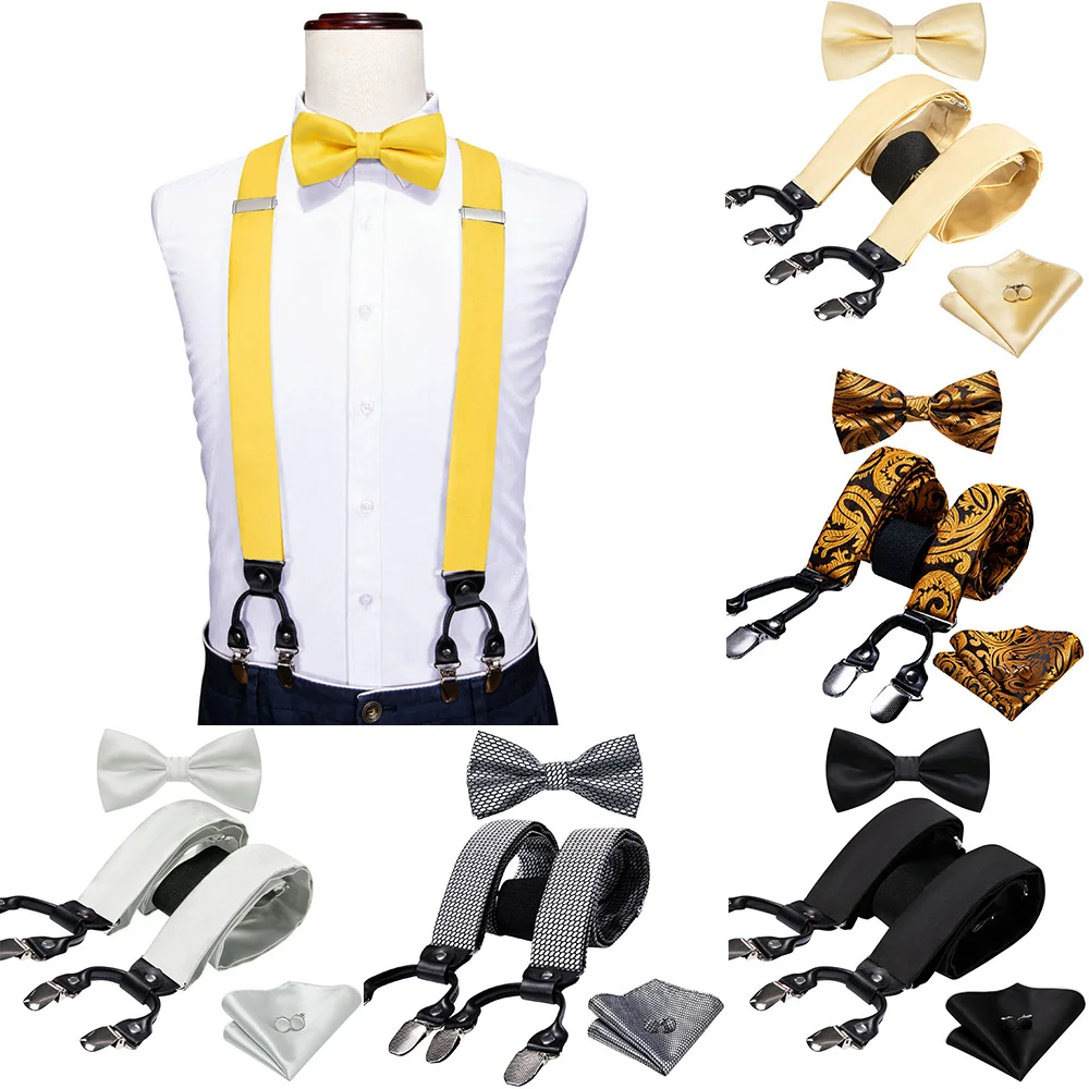 

Yellow Silk Suspenders For Men Elegant Solid Adjustable 6 Clips Bowtie Kerchief Cufflinks Sets Party Wedding Barry.Wang Designer
