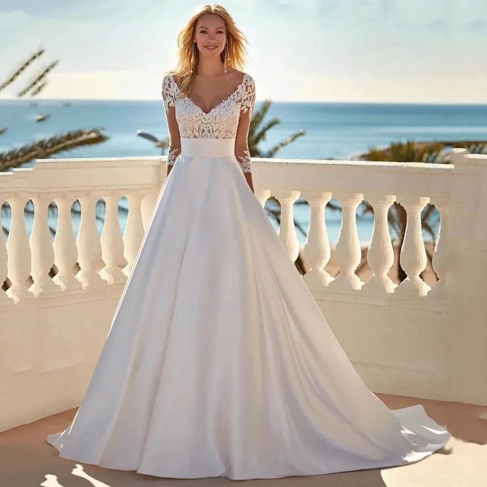 

LOJO wd210 Satin Wedding Dresses Long Sleeves with V-neck Buttons Appliques Lace Wedding Party Gowns Women Bride Dress
