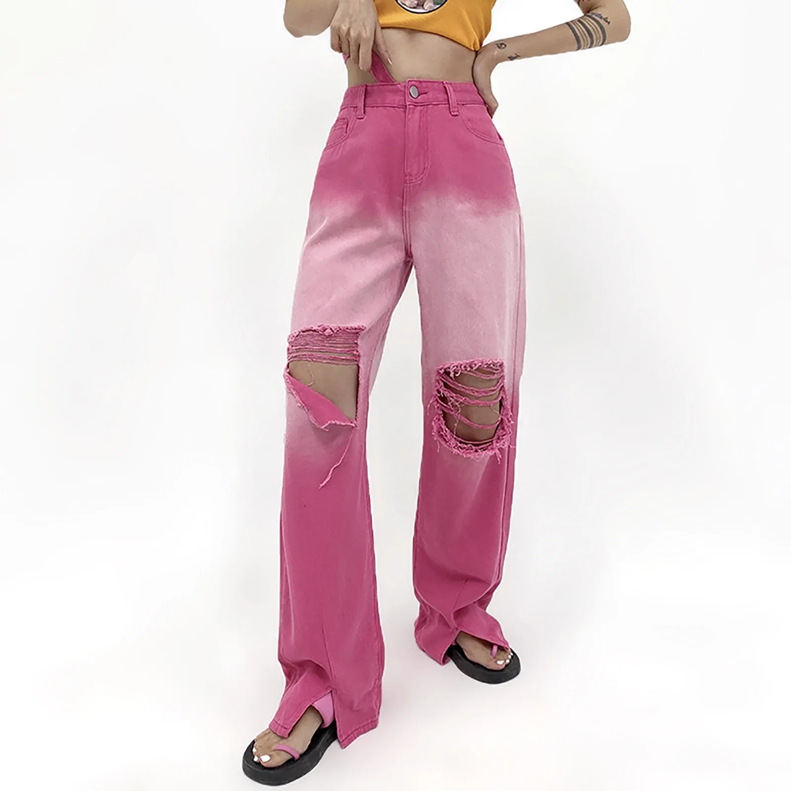 

Women Destroyed Flare Jeans Elastic Waist Bell Bottom Hem Denim Pants Shuffle Pants Jean Leggings