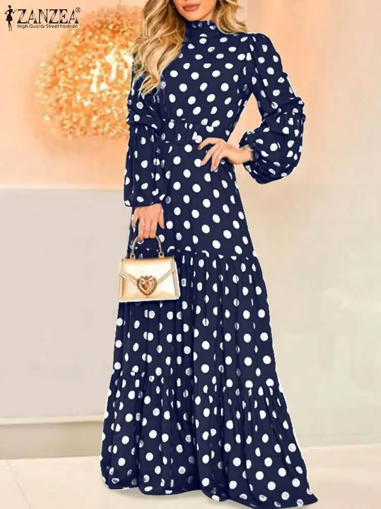 

Праздничное французское элегантное платье макси, женское модное платье в горошек, длинное платье ZANZEA, весеннее платье с поясом и оборками, к...