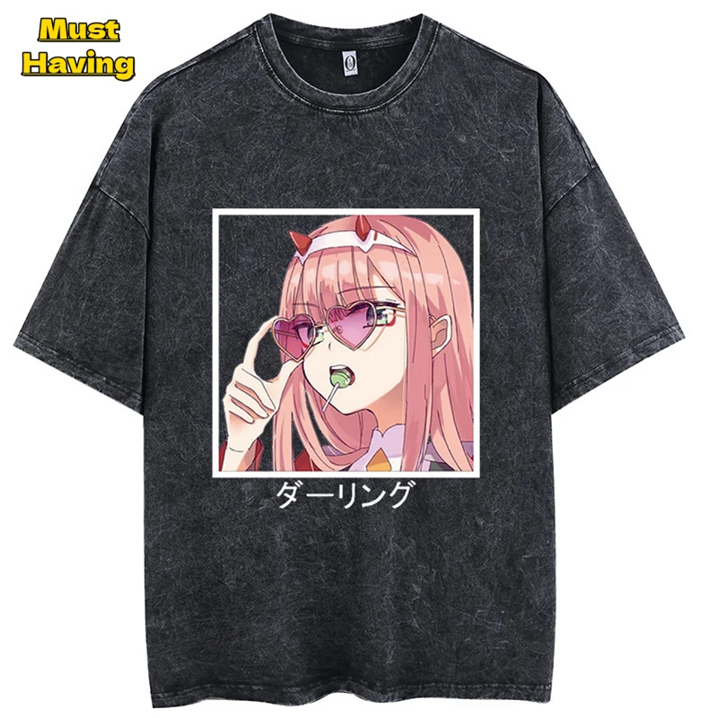 

Anime Darling In The Franxx Graphic Tees Unisex Retro Washed Cotton T-shirt Tops Casual Oversized Tshirt Harajuku Streetwear