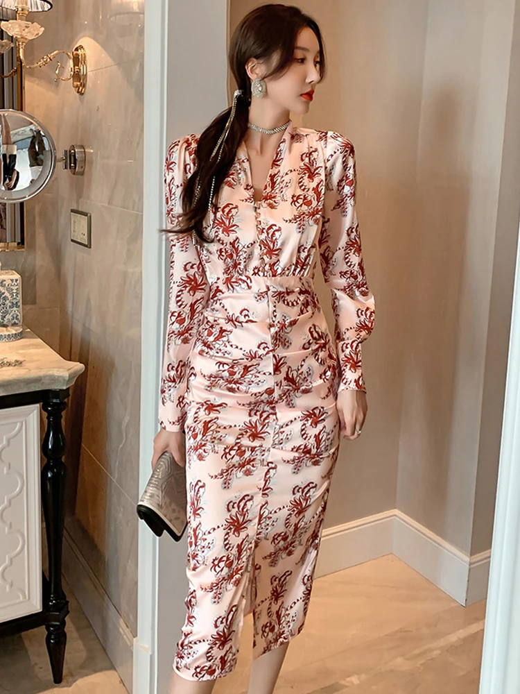 

Женское атласное платье миди на пуговицах, привлекательное праздничное платье знаменитости с цветочным принтом и жемчужинами, офисное пла...