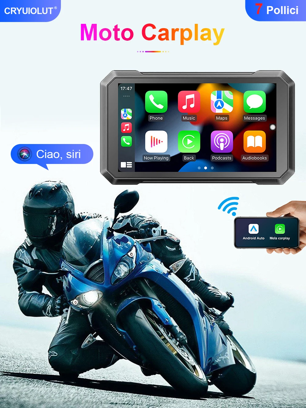 Apple Carplay inalámbrico para motocicleta, navegador GPS portátil Navi, Android, pantalla impermeable IPX7, 7 pulgadas