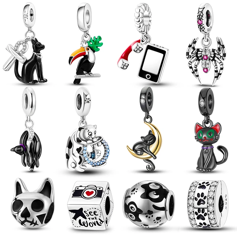 

2023 New Charms Plata De Ley 925 Silver Black Cat Spider Charms Beads Fit Pandora 925 Original Bracelets DIY Jewelry Gift Making