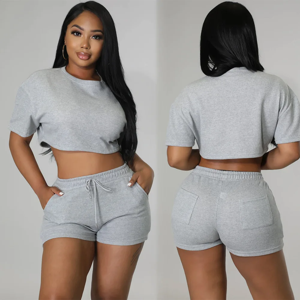 

2XL Women Causal Outfits 2 Piece Sets Shorts Sleeve Crop Tops High Waist Pocket Shorts Pants Summer Tracksuits Sports Sweatsuits