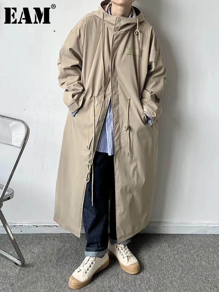 

[EAM] Women Khaki Big Size Long Trench New Hooded Long Sleeve Loose Fit Windbreaker Fashion Tide Spring Autumn 2022 1DF1129