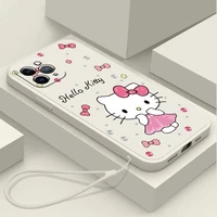 square liquid silicone hello kitty phone case for iphone 13 pro max 12 11 pro xs max xr x 8 7 plus soft lanyard cover