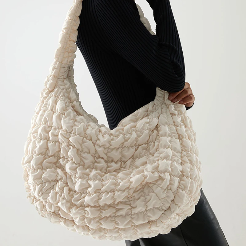 

2023 Casual Large Capacity Tote Shoulder Bags Designer Ruched Handbag Luxury Nylon Quilted Padded Crossbody Bag Female Big Purse
