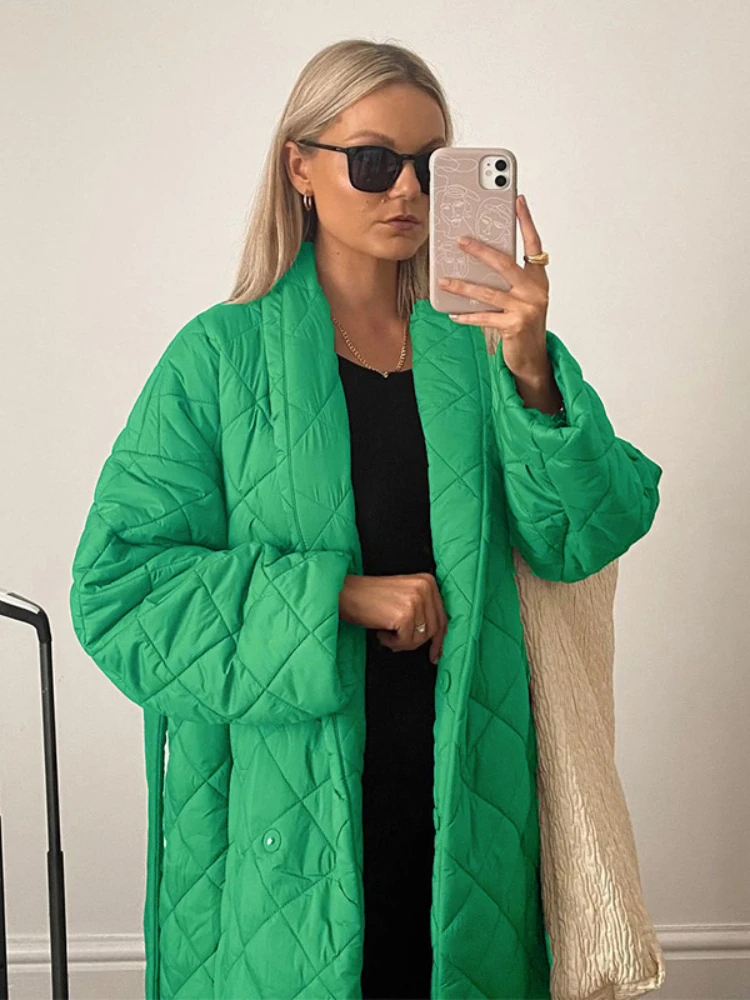 Fashion Oversize Argyle Pattern Green Parkas Coat with Belt 2022 Women's Casual Down Cotton Jacket Winter Ladies Long Outwear