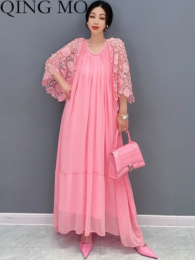 

QING MO 2023 Summer New Korean Lace Splice Pressed Pleated Short Slelevle Dress Wome Show Slim Pink Long Dress ZXF2631