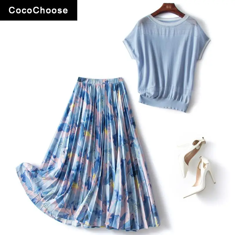 

2022 Summer Women Dress Sets Fashion Short Sleeve Knit Top With Elastic Waist Geometric Long Pleated Skirt Casual Two Piece Set