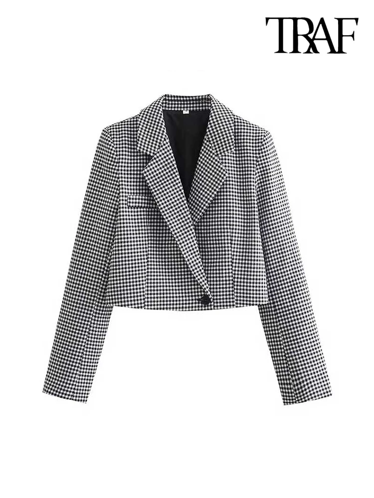 

TRAF Women Fashion Houndstooth Cropped Blazer Coat Vintage Long Sleeve Front Button Female Outerwear Chic Tops
