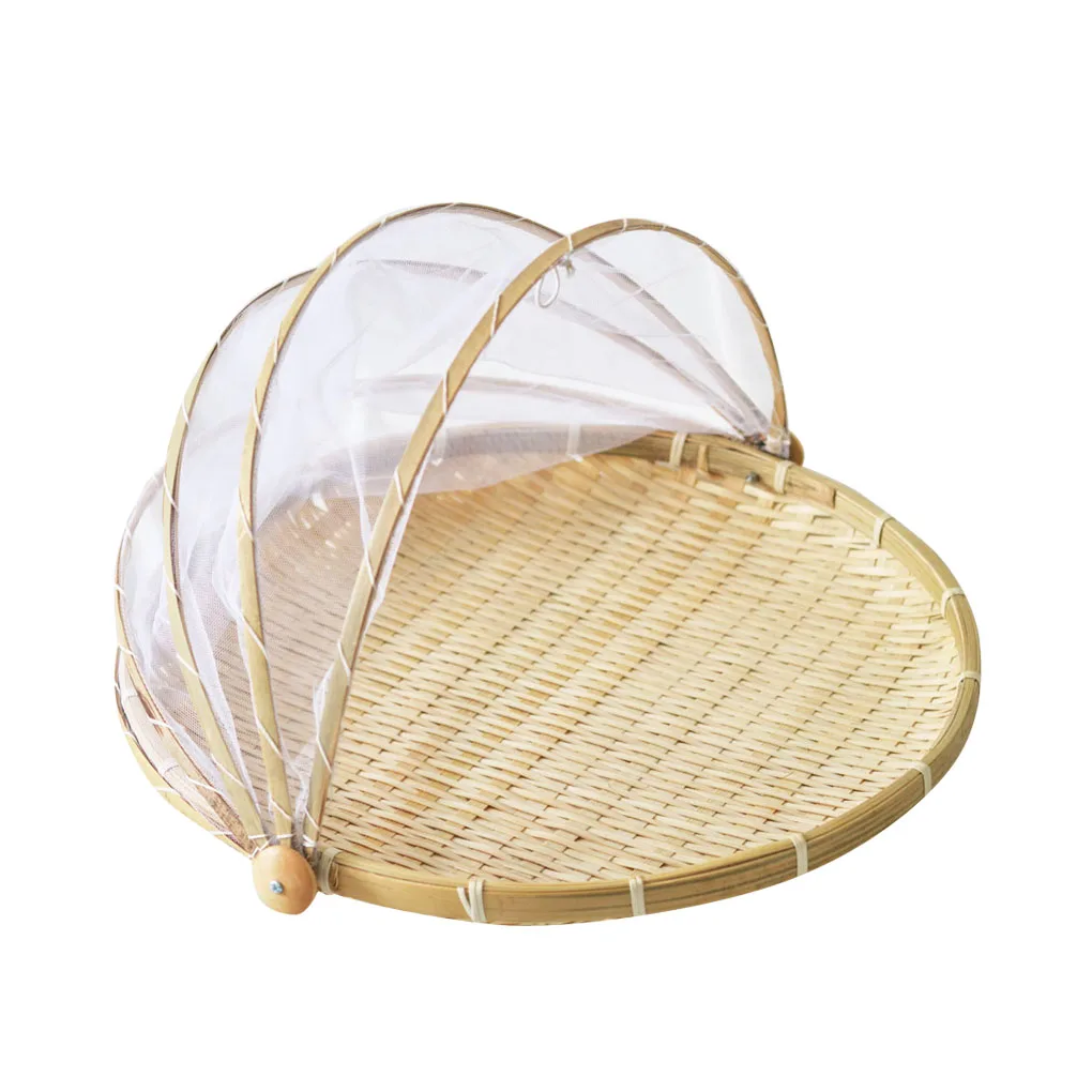 

Hand-woven Bamboo Insect-Proof Dust-Proof Basket Picnic Round Dustpan Vegetable Fruit Bread Mesh Gauze Cover Basket