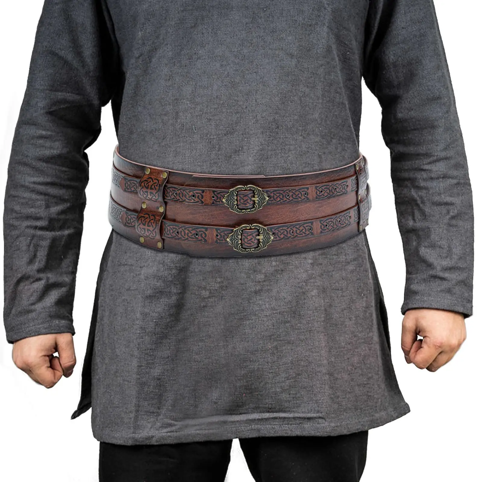 Viking Wide Belt Knight Corset Belt Cosplay Embossed Retro PU Leather Game Party Armor Belt Medieval Belt for Men Dark Brown