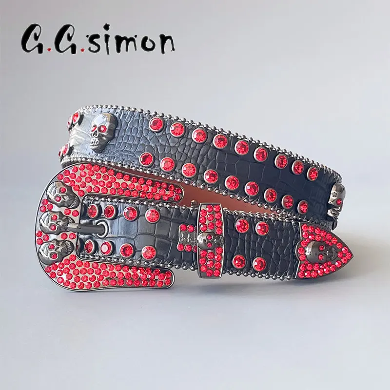 GGSIMON Western Rhinestone Belt For Woman Man Diamond Studded Belts Luxury Crystal Buckle For Jeans Vintage Rivet Ceinture Femme