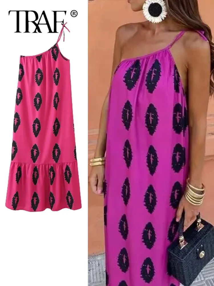 

TRAF 2023 New Asymmetric Long Dresses For Women Print Off Shoulder Slip Dress Woman Summer Backless Sexy Party Evening Dresses