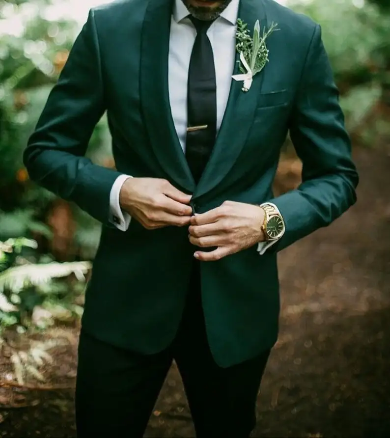 Country Garden Wedding Tuxedos Shawl Lapel Slim Fit Groom Formal Wear Man Elegant Prom Party Blazer Emerald Green