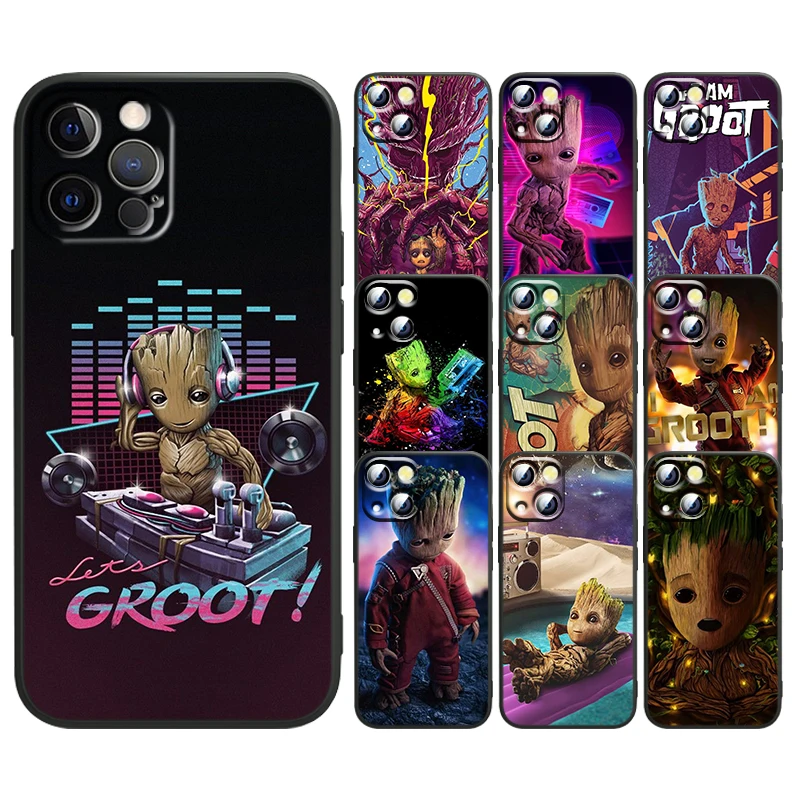

Cute Cartoon Marvel Groot For Apple iPhone 13 12 Mini 11 XS Pro Max X XR 8 7 6 Plus SE 2020 5 Black Soft TPU Capa Phone Case